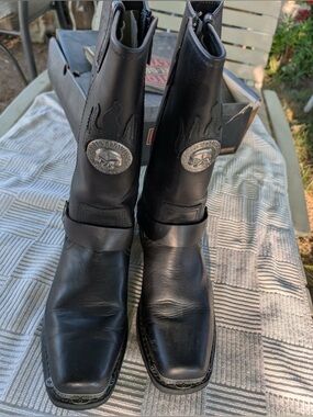 Harley-Davidson Black Leather Harness Boots with Silver Medallions